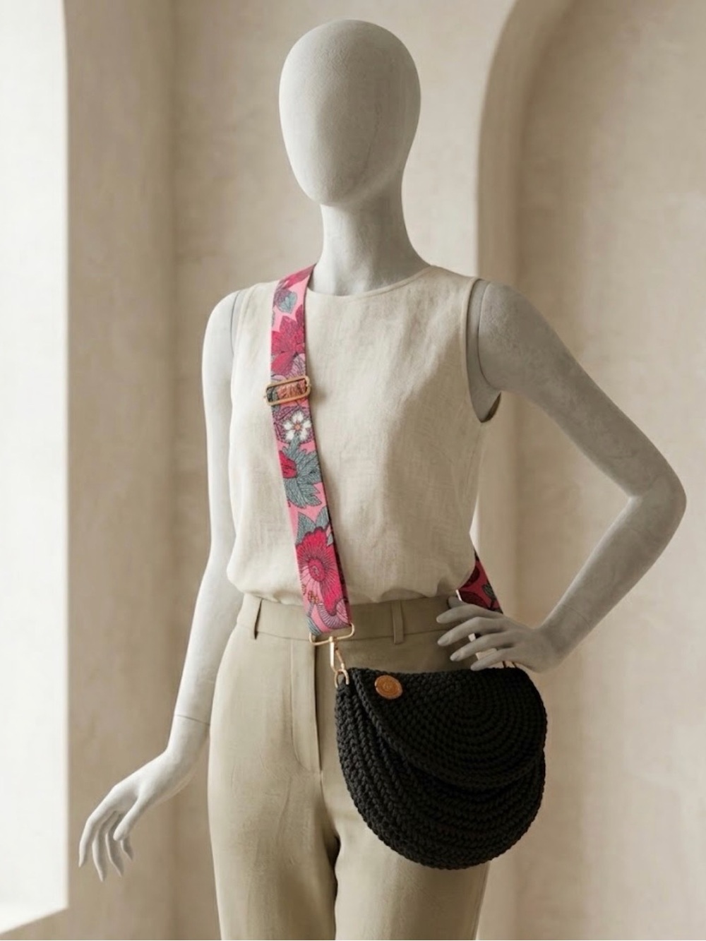 Black Woven Crossbody Bag with Floral Adjustable Strap